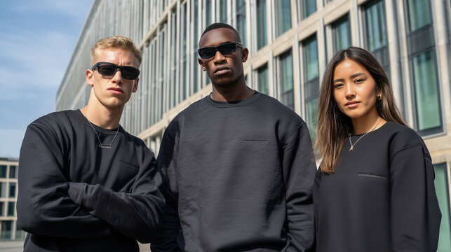 Trio of diverse young adults in black streetwear posing confidently outdoors against modern urban architecture.