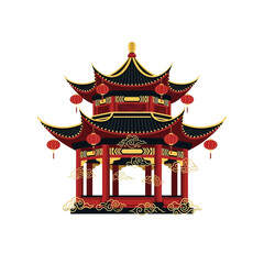 Traditional Asian temple building icon with ornate roof architecture and cultural heritage