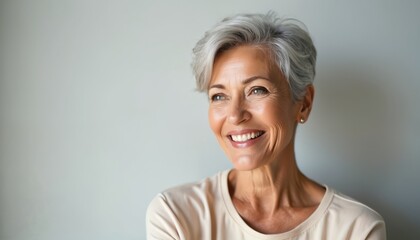Attractive mature woman with grey hair smiles looking sideways. Female demonstrates natural beauty. Middle aged model shows wellness, healthcare, skincare, positive ageing concept. Beauty portrait of