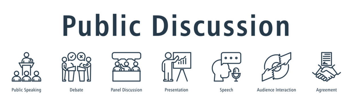 Public Discussion web banner icon vector illustration concept with icon of public speaking, debate, panel discussion, presentation, speech, audience interaction, and agreement.