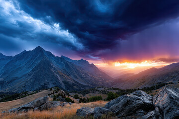 Dramatic sunset over rugged mountain valley with storm clouds