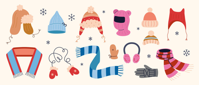 Set of winter clothes and accessories such as hats, scarves, gloves, and earmuffs. Warm outfit and cold season concept. Trendy modern vector isolated illustration, hand drawn, flat design