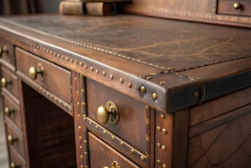 Antique leather desk with brass hardware and wooden drawers