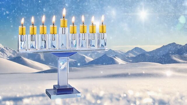 Mountain Back Drop Panoramic View Of A
Lit Menorah Crystal Glass Modern  Shining In The Brilliance Of  A Snowy White Glisteing Mountain Back Drop Panoramic View Celebrating Hanukkah Feast Of Lights
