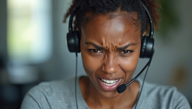 African American woman wears headset showing intense anger, deep frustration. Appears impatient during particularly difficult client call. Stressed customer service representative deals with