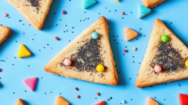 A trio of sweet triangle-shaped cookies with colorful sprinkles and nuts, perfect for parties or simply a fun snack. These treats are both delicious and visually appealing.