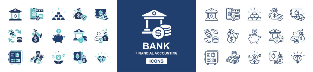 Bank finance accounting icon line set. business success money currency savings financial investment online banking vector signs illustration