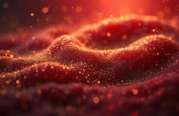Burgundy liquid with gold glitter textures. Golden dust particles in red fluid with burgundy tints. Magic galaxy of golden dust, festive decoration. Luxury background for posters and banners.