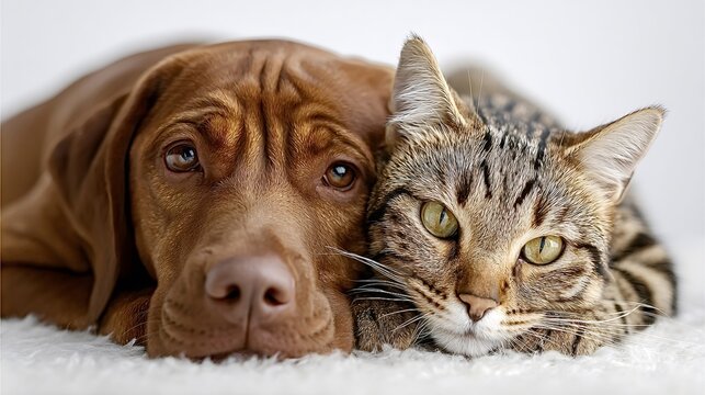 Vizsla dog and tabby cat laying together on a soft white texture, representing an unexpected but loving friendship between different pet animals at home