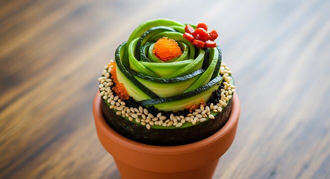 Artistic presentation of avocado rose in a clay pot, a culinary delight with a sophisticated touch, creating a visual
