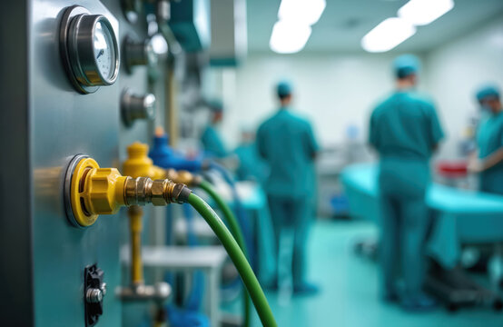 Medical equipment detail in operating theatre shows oxygen pipeline outlets. Doctors prepare patient in modern hospital for surgery. Anesthesia machine for lung ventilation provides healthcare,