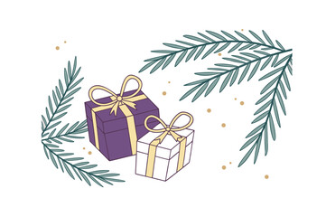 Two gift boxes with fir branches for christmas and new year holiday illustration