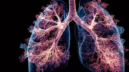 Human lungs showing intricate bronchial tree branching and microscopic alveoli, illustrating the vital process of respiration and gas exchange within the human body
