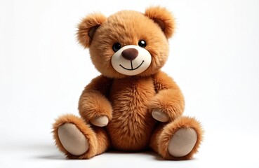 Obraz premium Cute brown teddy bear sits on white backdrop. Fluffy toy with soft fur. Small plush animal with smiling face. Childhood friend gift. Single doll present for kids