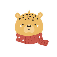 Cute Christmas Leopard, Cheetah Head in Starry Red Scarf. Kawaii Spotted Wild Cat Vector Illustration on White Background.