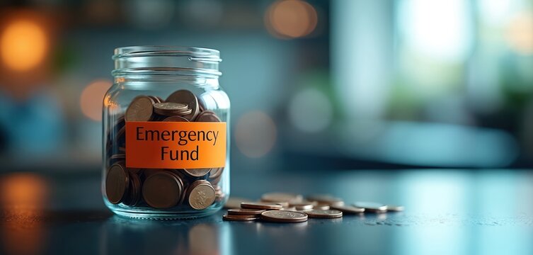 Glass jar filled with coins labeled emergency fund. Coins spill onto dark reflective surface. Budgeting concept for financial security and unexpected costs.