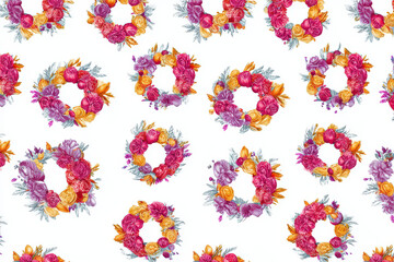 seamless pattern featuring array of flower wreaths on clean white background