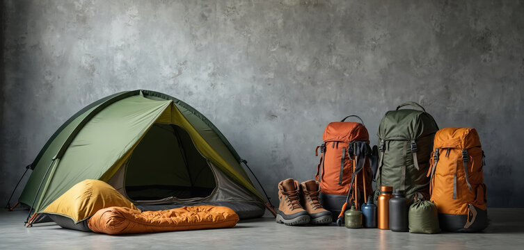 Expedition essentials displayed for journey preparation. Green camping tent with orange sleeping bag, yellow pillow inside. Hiking boots, several backpacks, water bottles, trekking poles organized. - Powered by Adobe