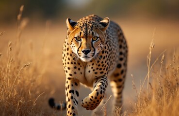 Naklejka premium Cheetah walks across dry grassy savanna landscape in Africa. This spotted big cat, a predator, moves with purpose through tall golden grasses during daytime safari.