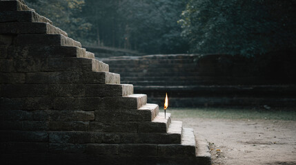solitary candle flickers gently against backdrop of ancient stone temple steps illuminating surroundings