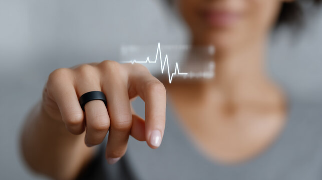 Young woman wears black smart ring and interacts with digital health monitor display - Powered by Adobe