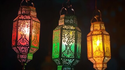 Set of three traditional Moroccan lanterns illuminating at night, hanging from hooks and adorned with intricate mosaic patterns. - Powered by Adobe