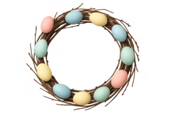 Easter wreath with pastel eggs and twigs on transparent background