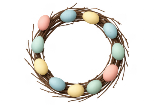 Easter wreath with pastel eggs and twigs on transparent background