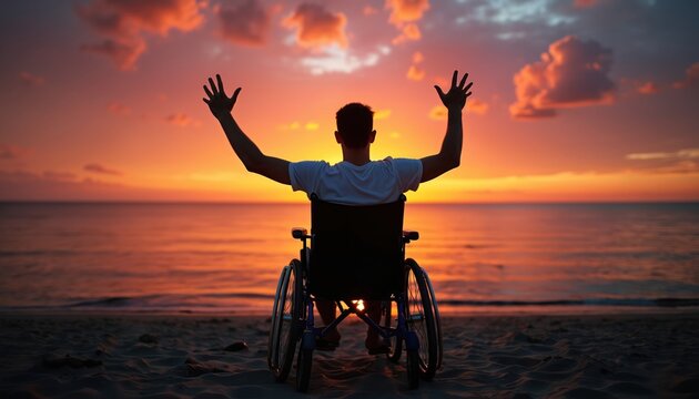 Silhouette of a man in wheelchair watches sunset over calm ocean. He raises arms expressing joy and freedom at the beach. This image conveys hope resilience and positive energy during summer evening.