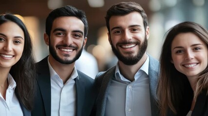 A group of young office professionals smiling and enjoying each other's company in a modern workplace.