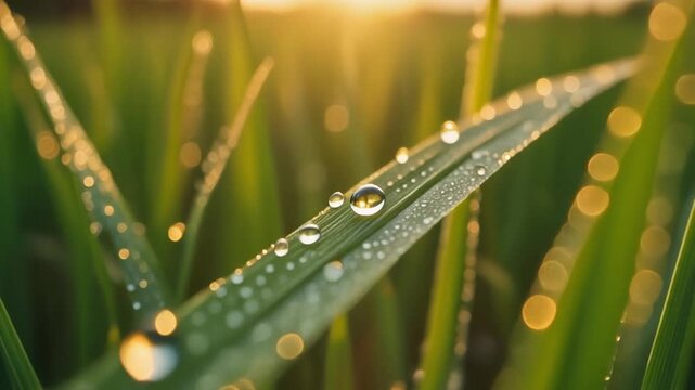 A breathtaking 5-second cinematic exploration of dew-covered rice fields illuminated by the first golden light of sunrise. The video captures shimmering droplets, gentle breezes, and the serene harmon