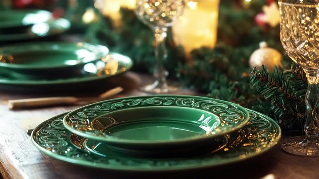 Set of green glass plates, wine glasses and candlestick holder for a festive holiday meal.