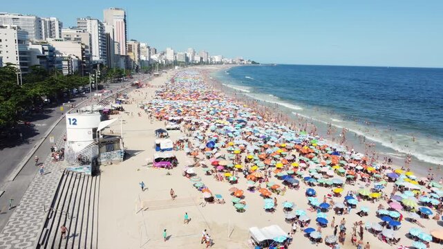 Drone footage showcase Ipanema beach, an iconic sandy beach located in Rio de Janeiro, Brazil