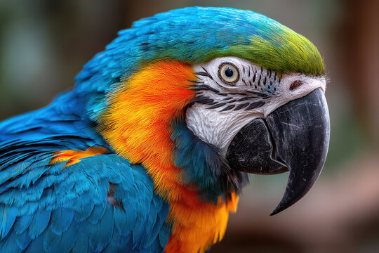 Close Up Portrait of Colorful Blue and Gold Macaw Parrot