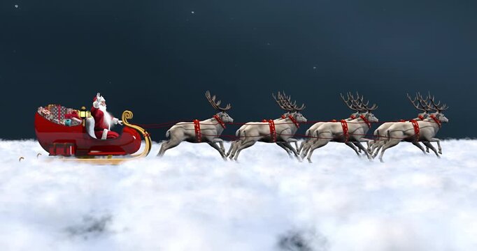 Santa Claus flying through the night sky in a sleigh pulled by reindeer above the clouds, carrying gifts for Christmas. Magical festive holiday scene for winter celebration. 3d rendering animation.