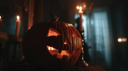 Carved pumpkin with candles in a dark setting