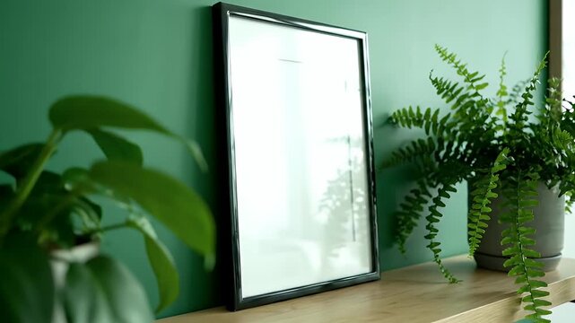 Close-up of a framed picture on a shelf with houseplants.