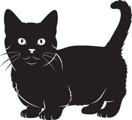 Stylized black cat illustration with big bright white eyes, whiskers, and a cute expressive face. adorable domestic feline pet animal graphic design isolated on white.