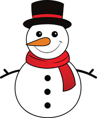 Cheerful Snowman Cartoon Illustration with Red Scarf and Black Hat