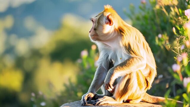 Curious white monkey sitting on branch in lush green jungle setting
