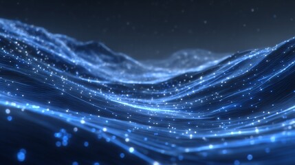 Abstract blue digital landscape with glowing particles and flowing lines, representing advanced