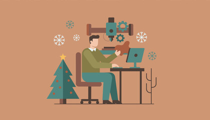 Holiday manufacturing Man operates CNC machine3D printer near Christmas tree