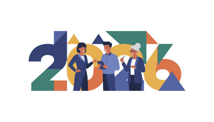 Diverse business team planning 2026 goals Future success corporate strategy and geometric typography