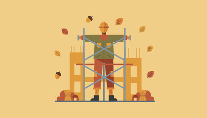 Autumn construction concept with worker standing on scaffolding surrounded by fall harvest items