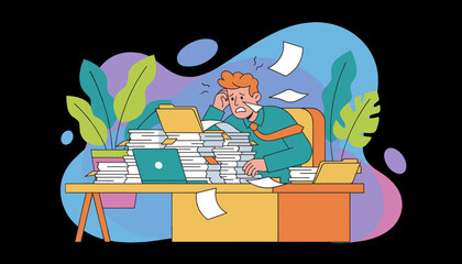 Overwhelmed businessman stressed by massive workload and documents at his office desk