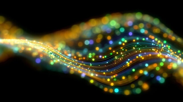 Abstract digital art featuring a vibrant wave of light and bokeh effects showcases technology and