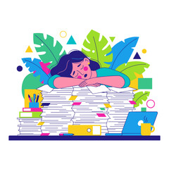 Tired woman sleeping on giant paperwork pile Burnout heavy workload stress illustration