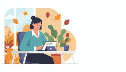 Woman working remotely on tablet in comfortable home office during autumn