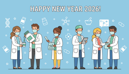 Diverse medical team in masks preparing medicine Happy New Year 2026 healthcare greeting card