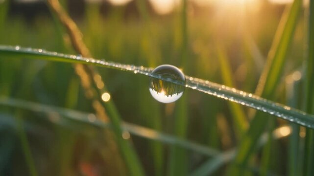 A breathtaking 5-second cinematic exploration of dew-covered rice fields illuminated by the first golden light of sunrise. The video captures shimmering droplets, gentle breezes, and the serene harmon